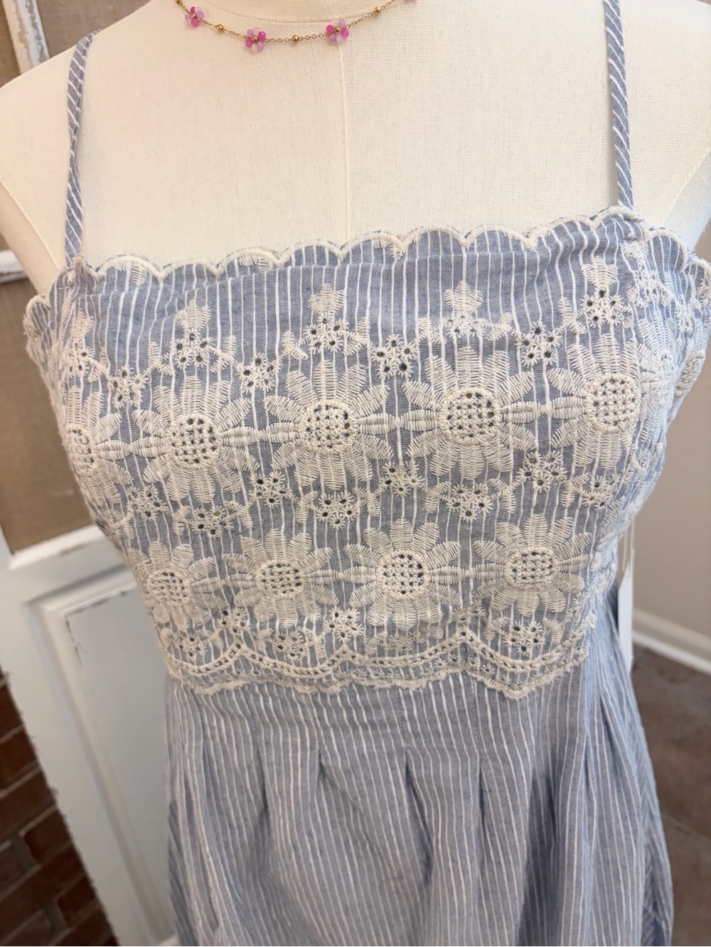 NWT Camellia Blue White Striped Maxi Dress Boho Embroidered Large